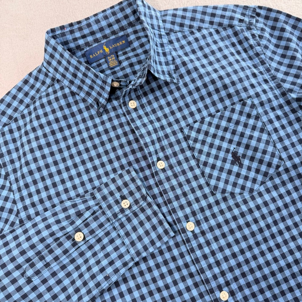 Ralph Lauren Blue Gingham Cotton Button Down Shirt Boys XL Long Sleeve